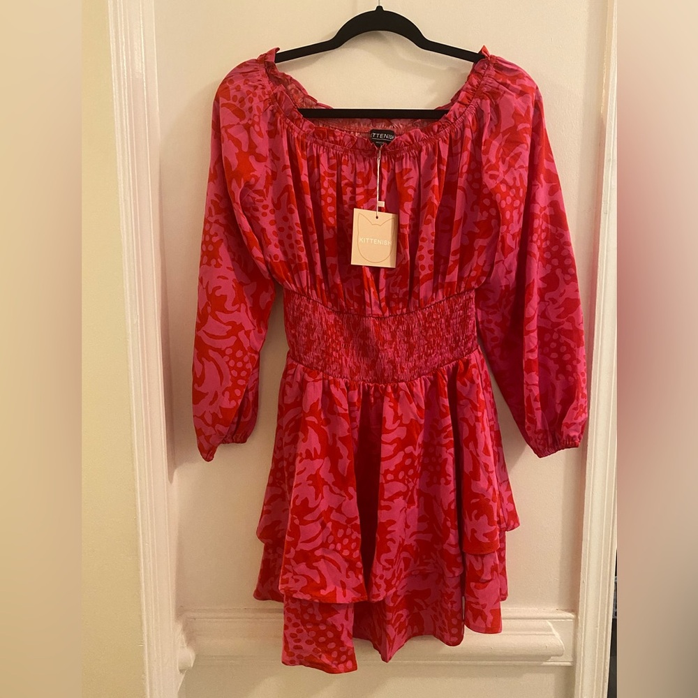 Kittenish Pink and Red Floral Off-Shoulder Ruffle Mini Dress